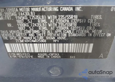 2010 Toyota Rav4 Sport из США, поврежденный, VIN 2T3WF4DV2AW025968